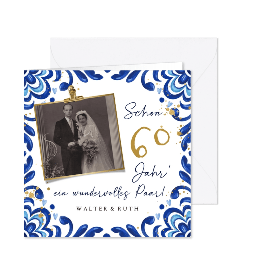 Foto-Glückwunschkarte Diamantene Hochzeit blaue Ornamente - Karteneindruck