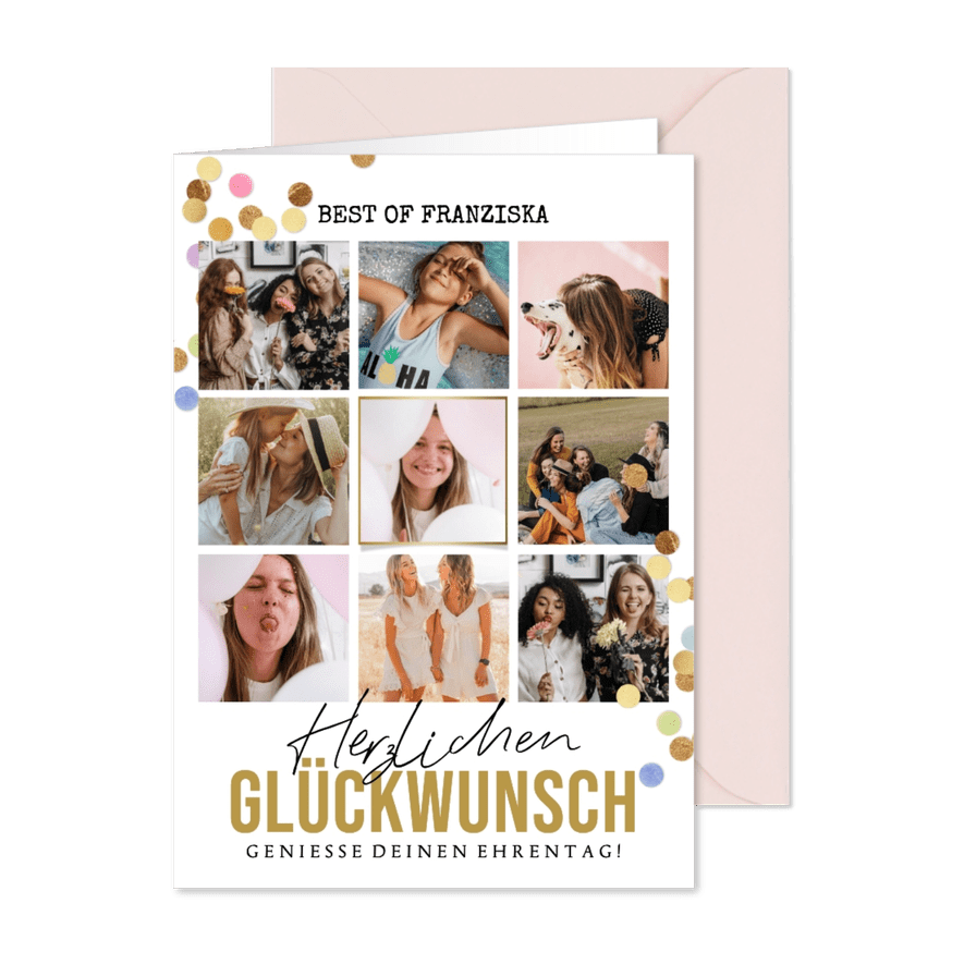 Foto-Glückwunschkarte mit 9 Fotos und Konfetti - Kartenvorschau
