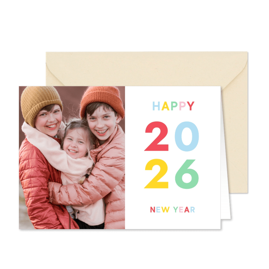 Foto-Grußkarte Neujahr bunte Schrift - Karteneindruck