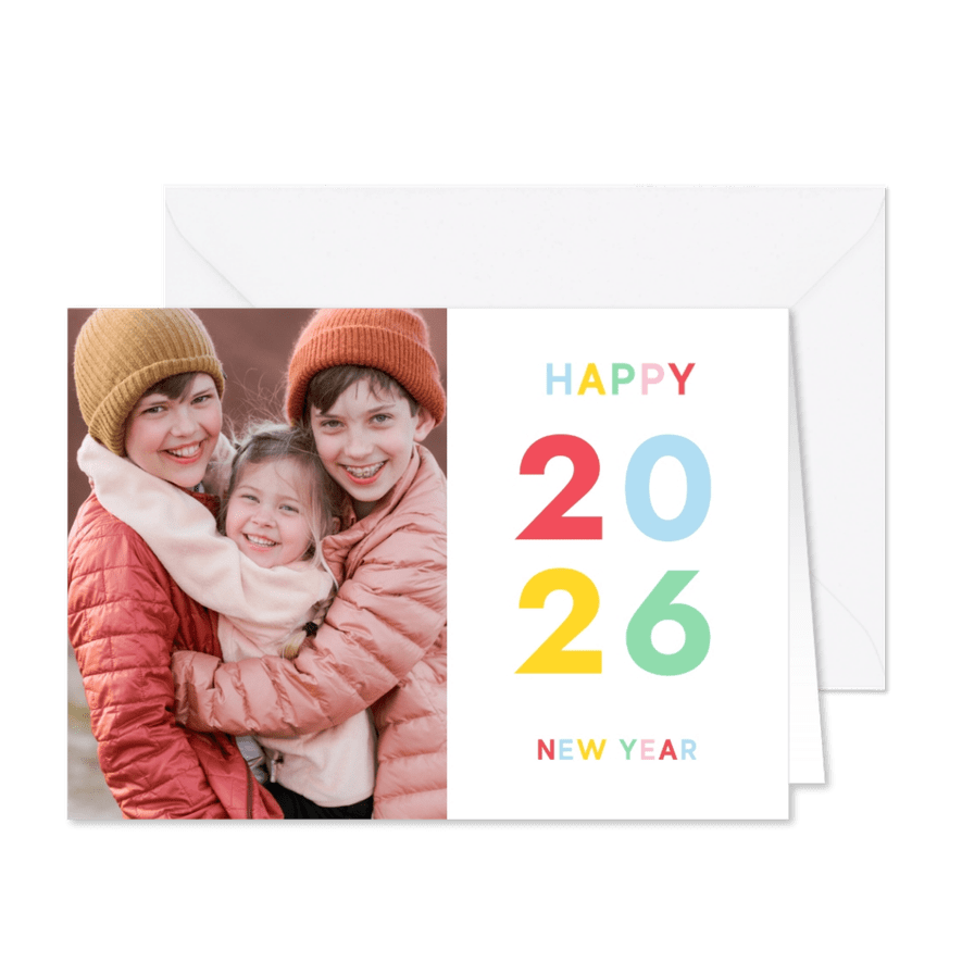 Foto-Grußkarte Neujahr bunte Schrift - Karteneindruck