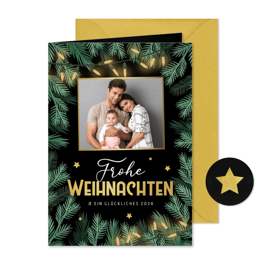 Foto-Grußkarte zu Weihnachten mit Tannenzweigen - Karteneindruck