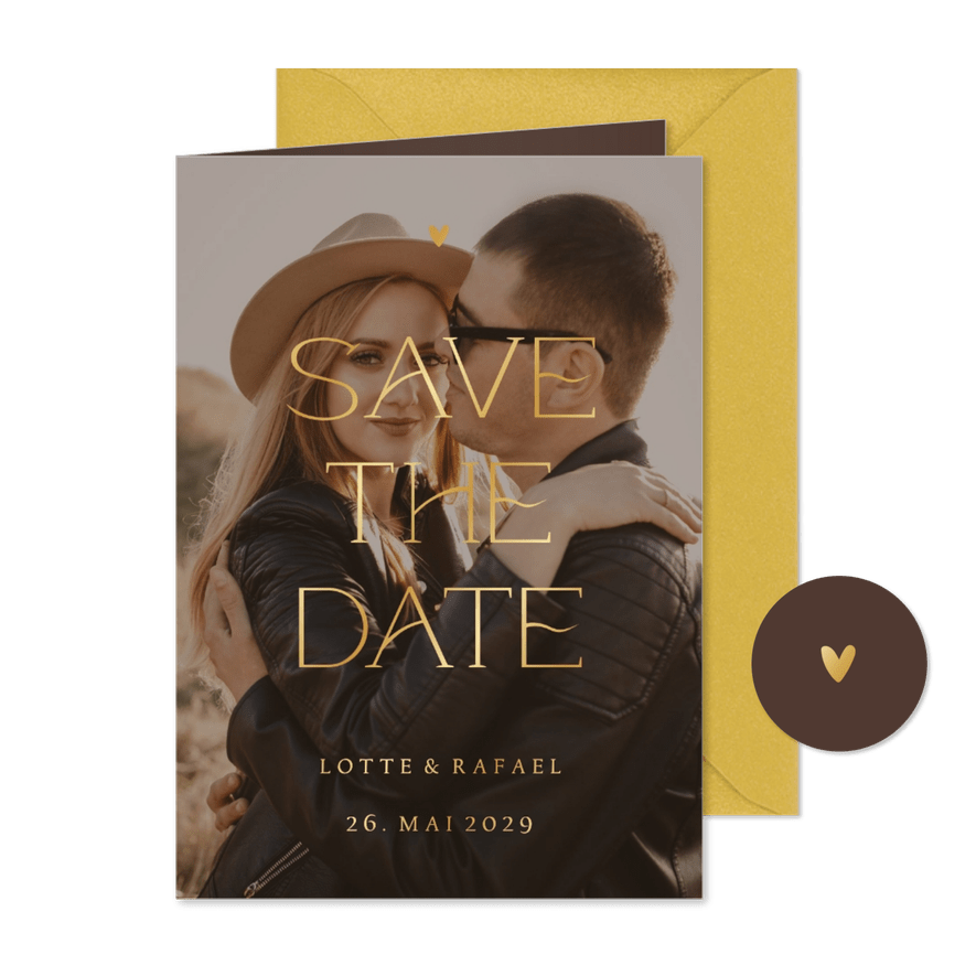 Foto-Hochzeitskarte Save-the-Date Goldschrift - Karteneindruck