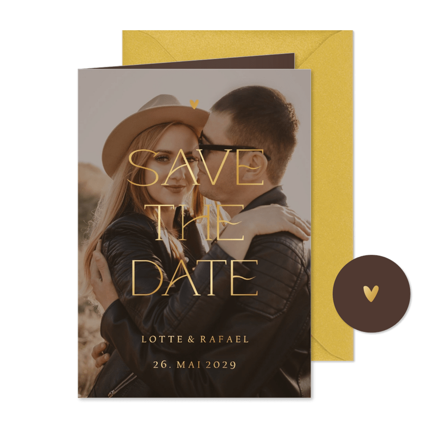 Foto-Hochzeitskarte Save-the-Date Goldschrift - Karteneindruck
