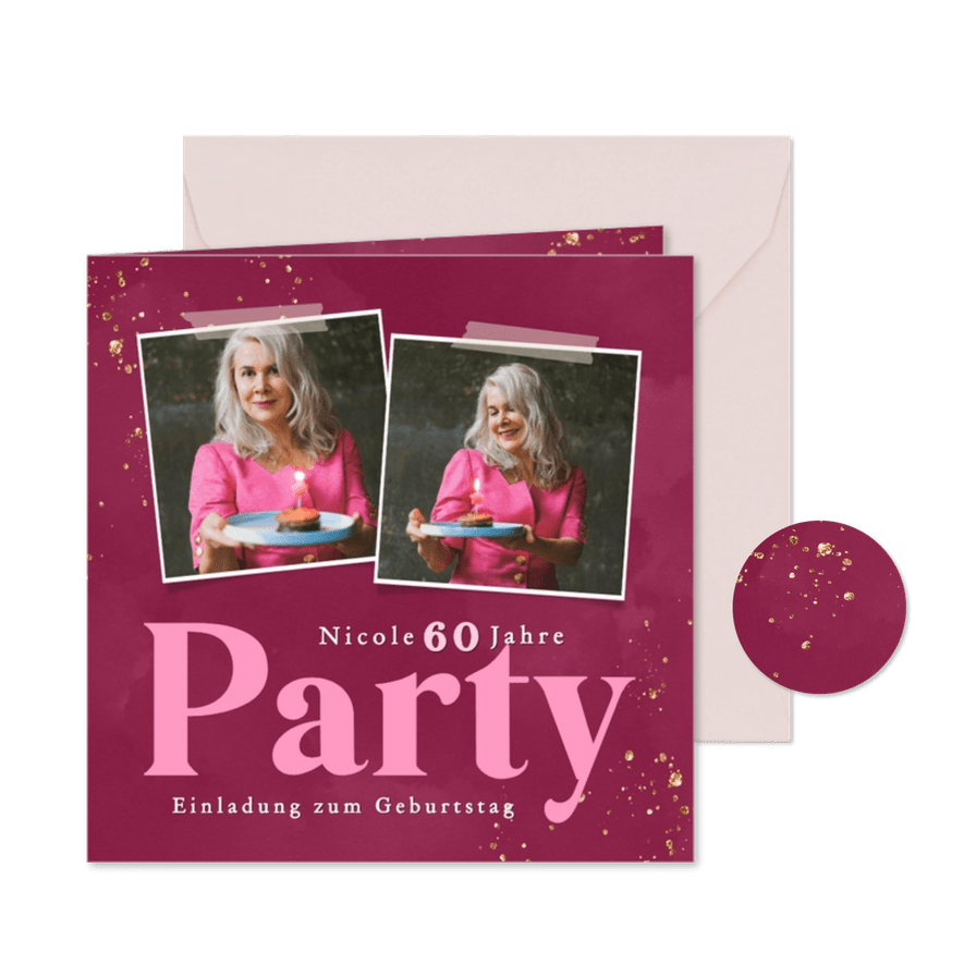 Foto-Karte Einladung 60. Geburtstag Pink  - Karteneindruck
