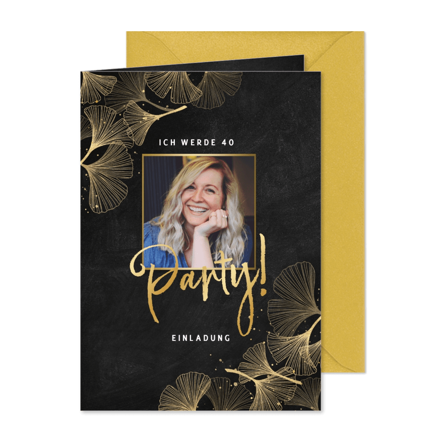 Foto-Karte Geburtstagseinladung Ginkgo Gold - Karteneindruck
