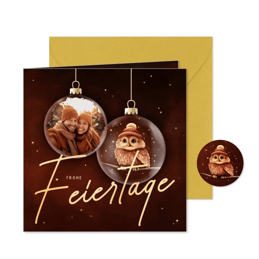 Foto-Karte mit Weihnachtskugeln Eule mit Mütze - Karteneindruck