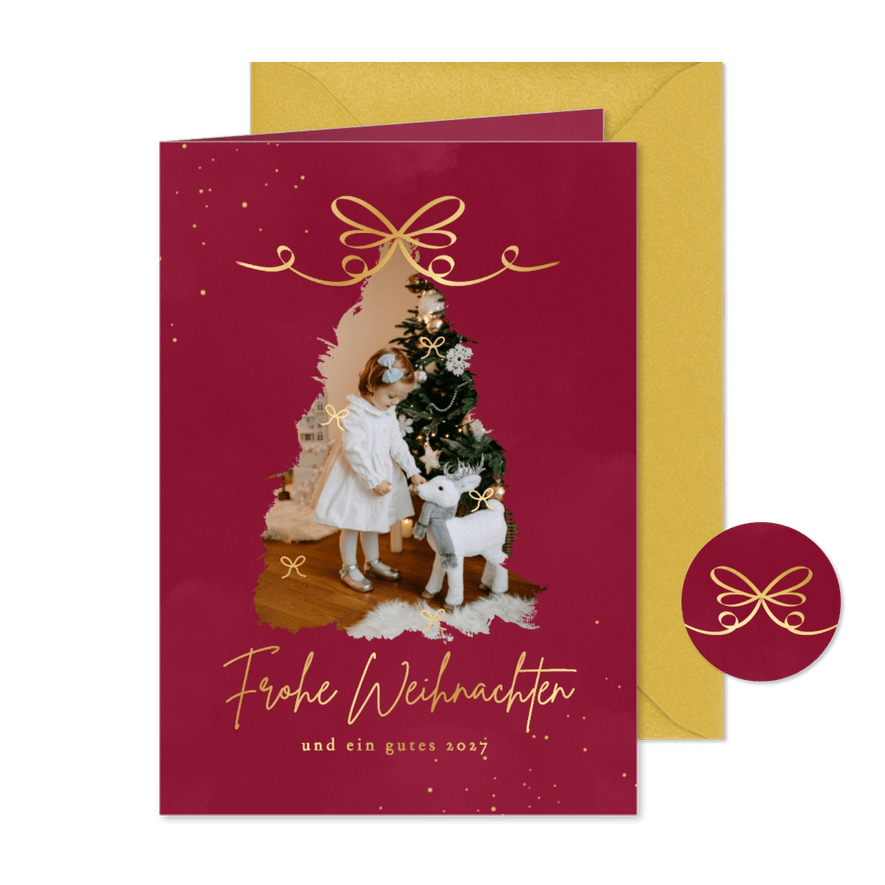 Foto-Karte Weihnachtsbaum mit Schleife Goldoptik - Kartenvorschau
