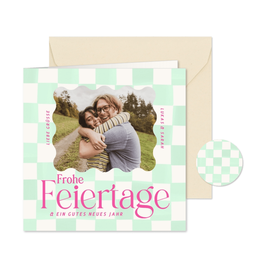 Foto-Karte Weihnachtsgrüße 'Frohe Feiertage' grün-kariert - Karteneindruck