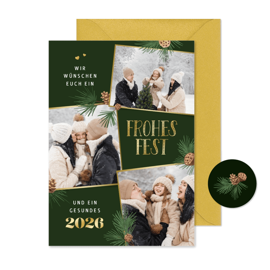Foto-Karte Weihnachtsgrüße Tannenzweige Tannenzapfen - Karteneindruck