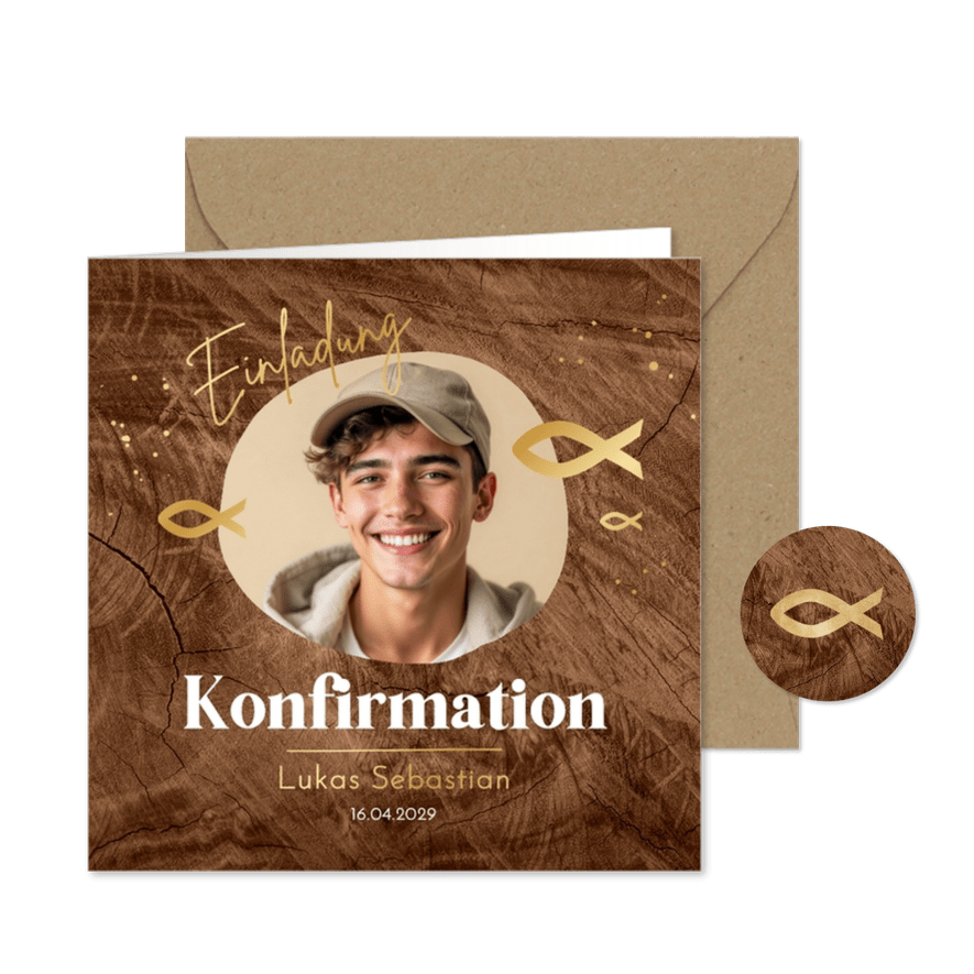 Foto-Konfirmationseinladung Fische auf Holz - Karteneindruck
