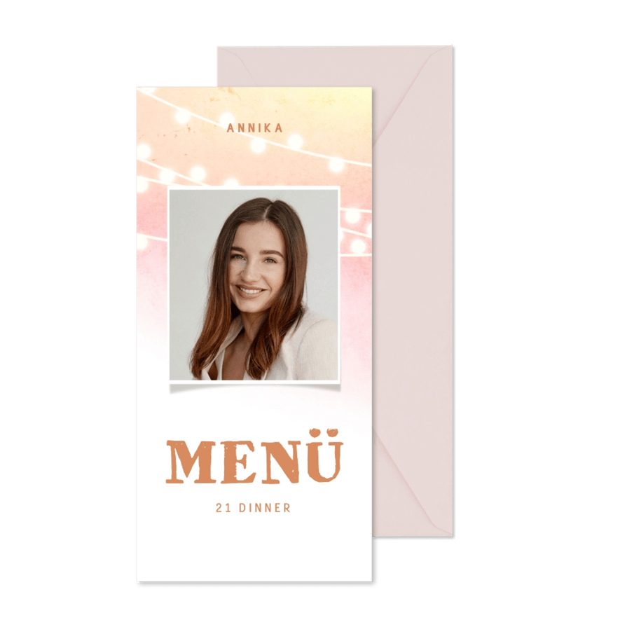Foto-Menükarte 21. Geburtstagsfeier Aquarell Lichterkette  - Karteneindruck
