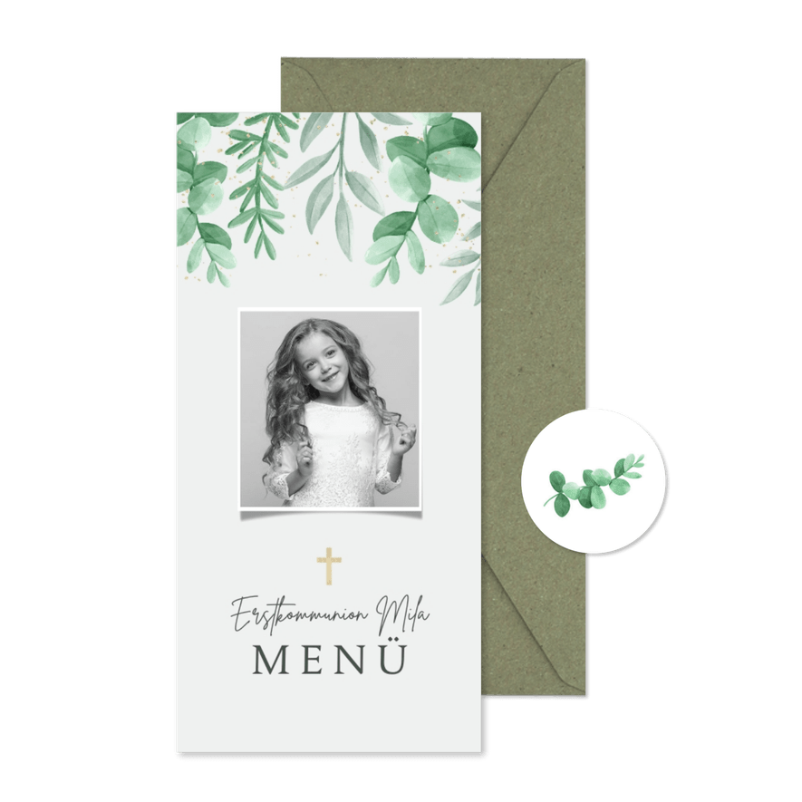 Foto-Menükarte Erstkommunion grüne Zweige - Karteneindruck
