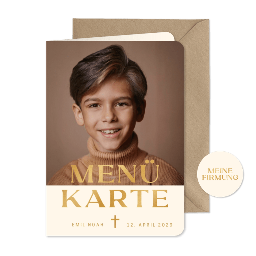 Foto-Menükarte Firmung Beige Braun Gold - Karteneindruck
