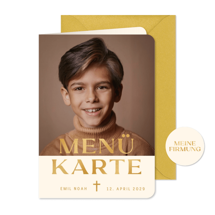 Foto-Menükarte Firmung Beige Braun Gold - Karteneindruck