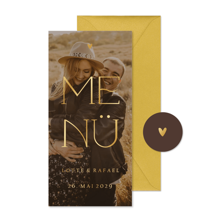 Foto-Menükarte Hochzeitsfeier Goldschrift - Karteneindruck