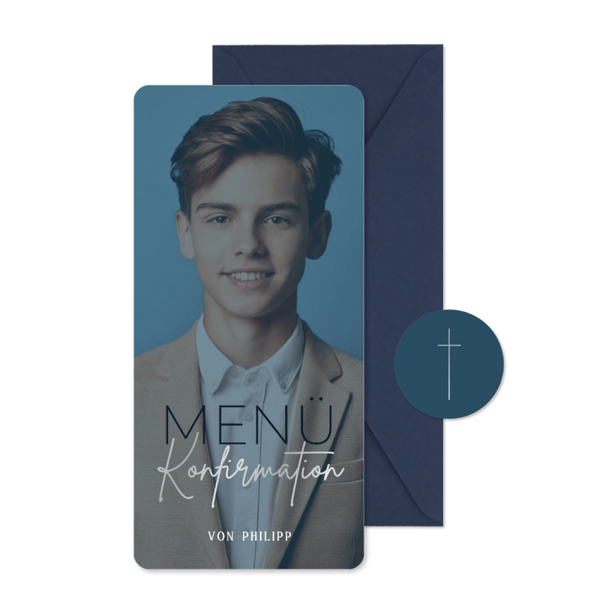 Foto-Menükarte Konfirmation dunkelblau silber - Karteneindruck
