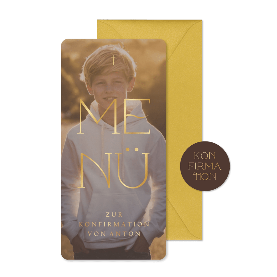 Foto-Menükarte Konfirmation elegante Goldschrift - Karteneindruck
