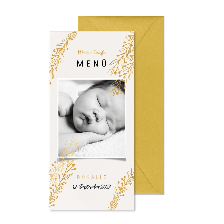 Foto-Menükarte zur Taufe botanischer Look - Karteneindruck
