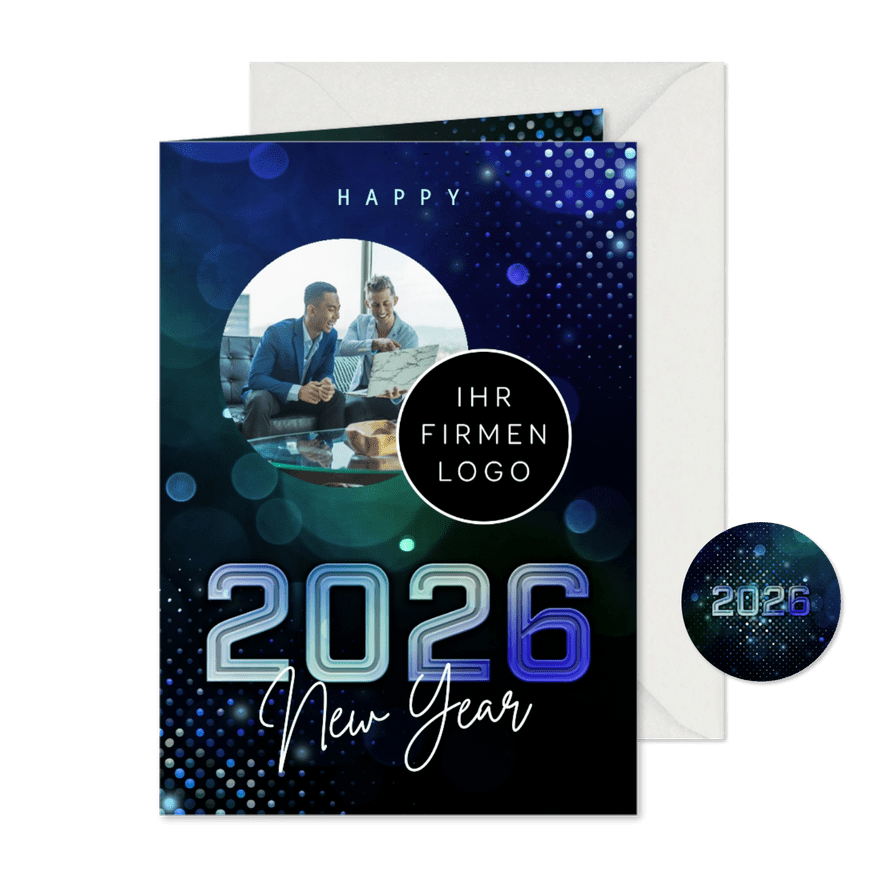 Foto-Neujahrsgrußkarte geschäftlich blau 2026 futuristisch - Karteneindruck