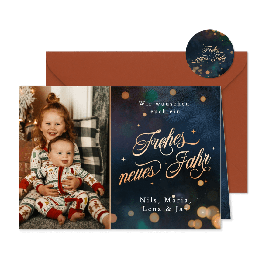 Foto-Neujahrskarte Bokeh Schriftzug Kupferoptik - Karteneindruck
