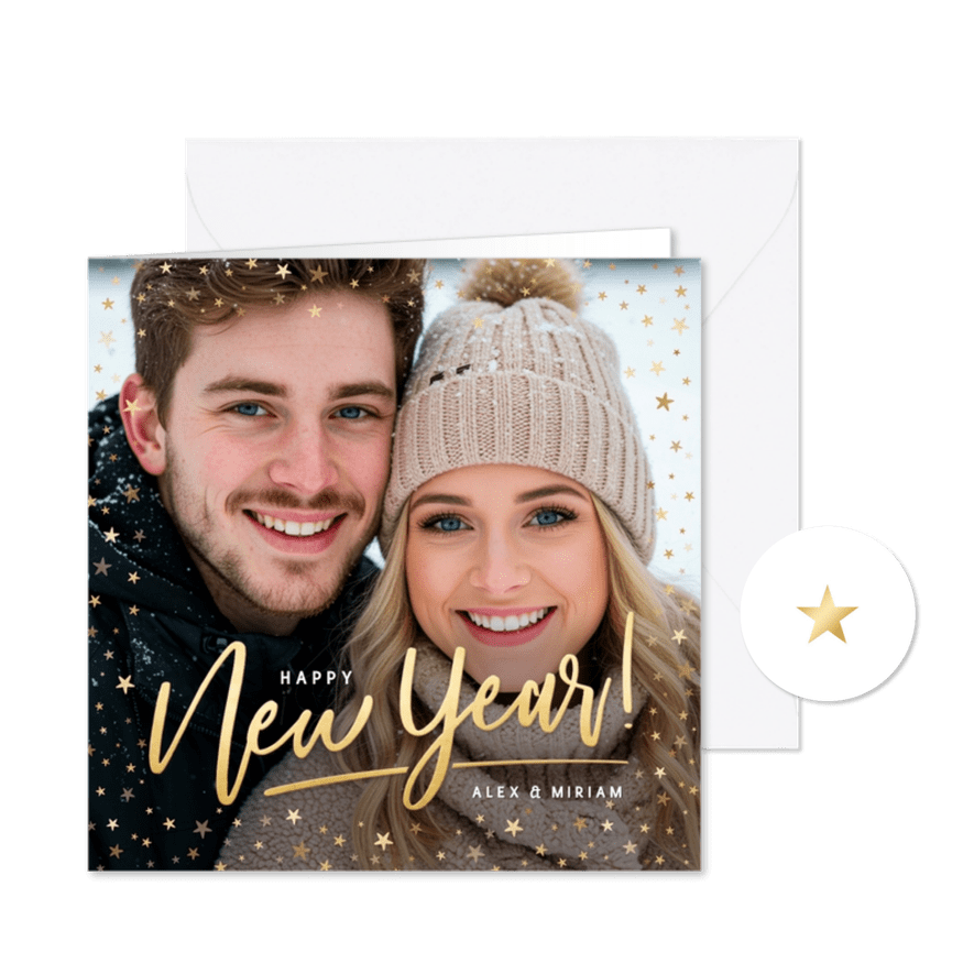 Foto-Neujahrskarte 'happy New Year' Sternchenrand - Karteneindruck
