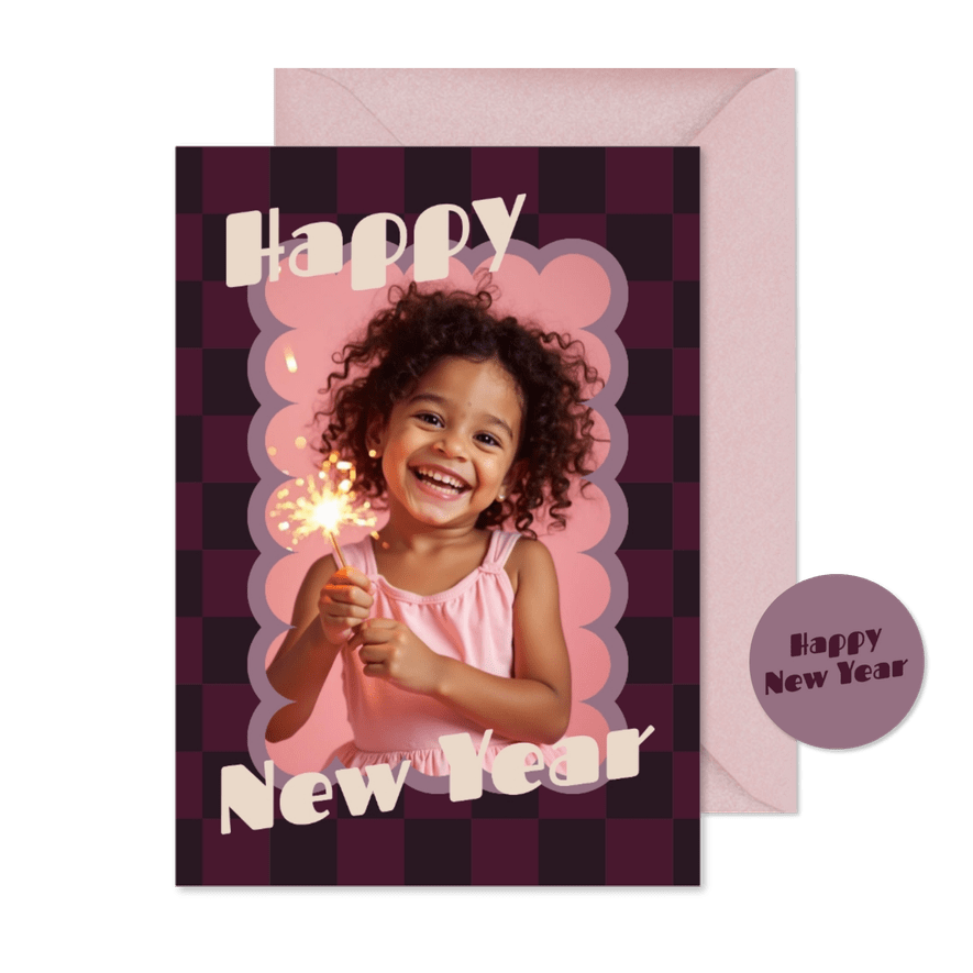 Foto-Neujahrskarte Karo Wellen 'Happy New Year' Retro - Karteneindruck