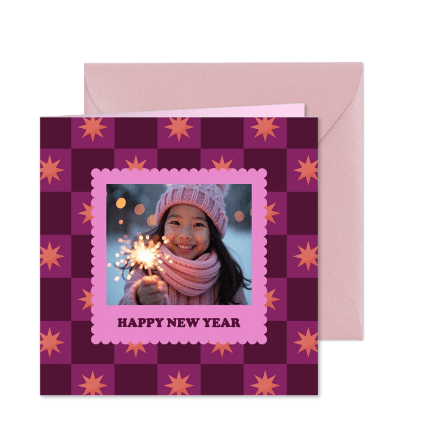 Foto-Neujahrskarte Karomuster Sterne rosa - Karteneindruck
