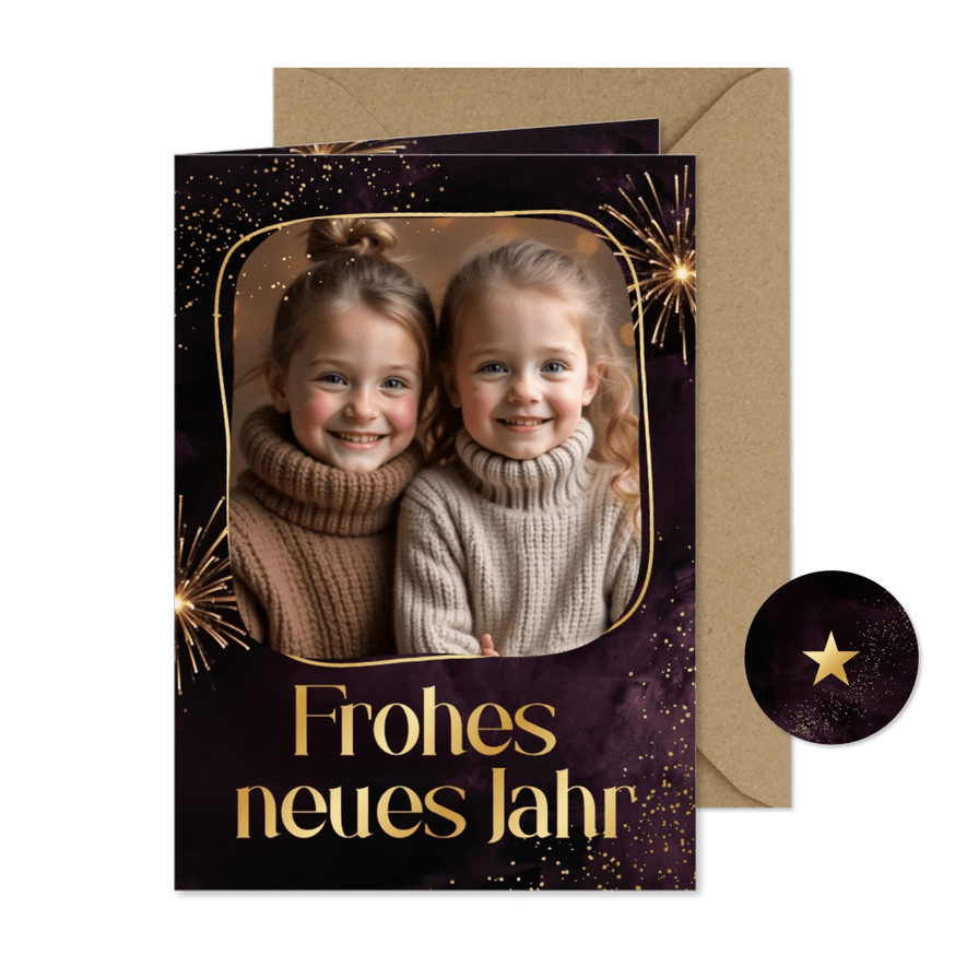 Foto-Neujahrskarte Lila Feuerwerk Goldrahmen - Karteneindruck
