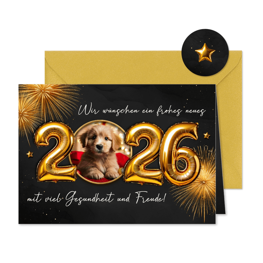 Foto-Neujahrskarte Luftballon 2026 Feuerwerk - Karteneindruck
