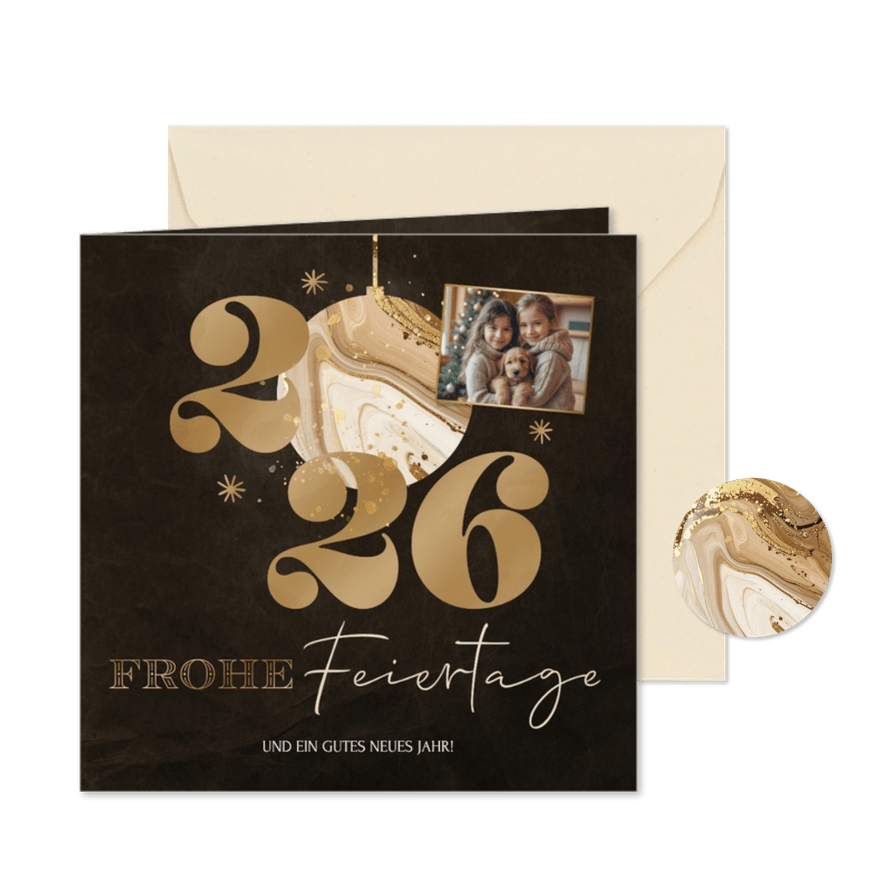 Foto-Weihnachskarte Marmor Christbaumkugel 2026  - Karteneindruck
