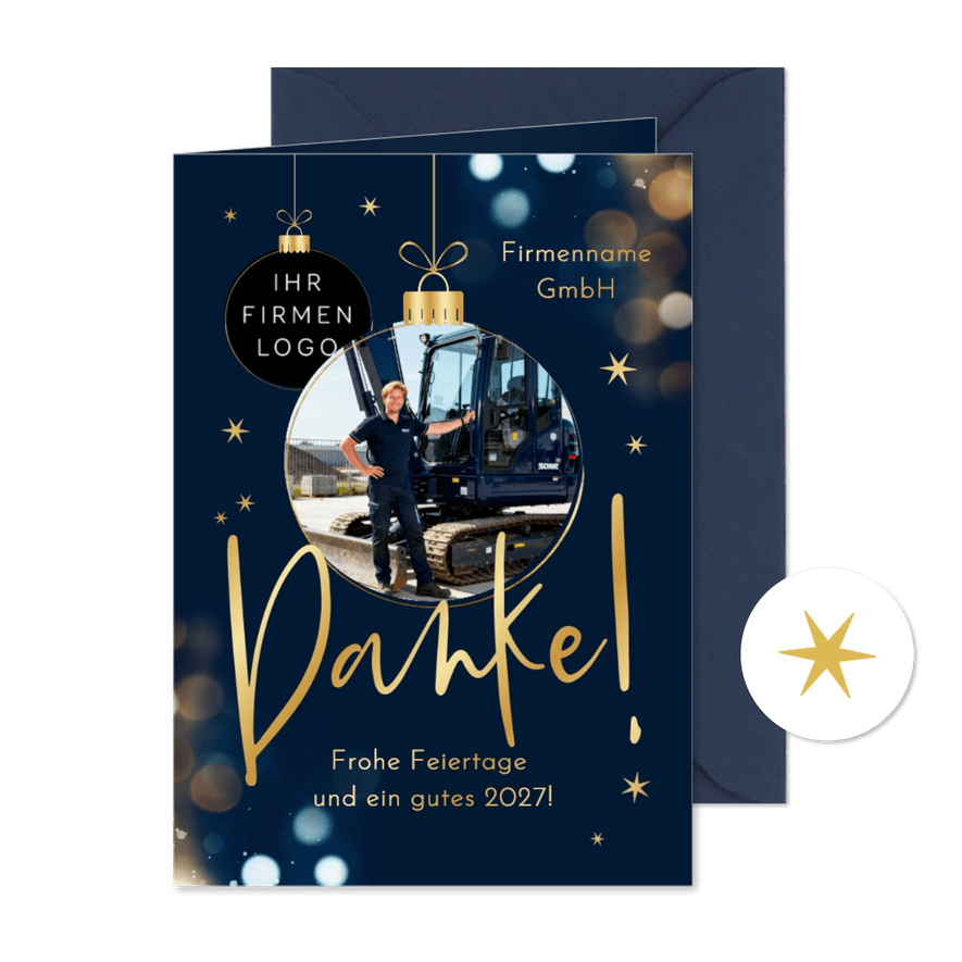 Foto-Weihnachts-Dankeskarte dunkelblau 'Danke!' Bokeh - Kartenvorschau
