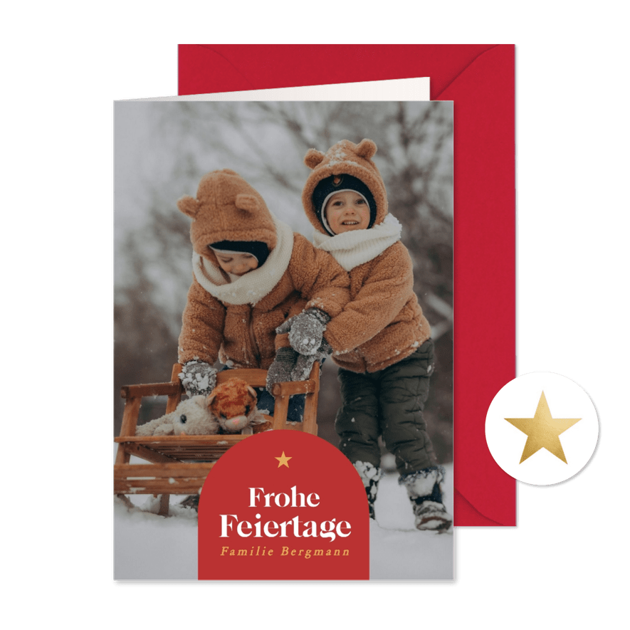 Foto-Weihnachtsgrüße schlicht mit rotem Bogen - Karteneindruck