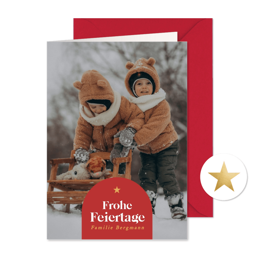 Foto-Weihnachtsgrüße schlicht mit rotem Bogen - Kartenvorschau