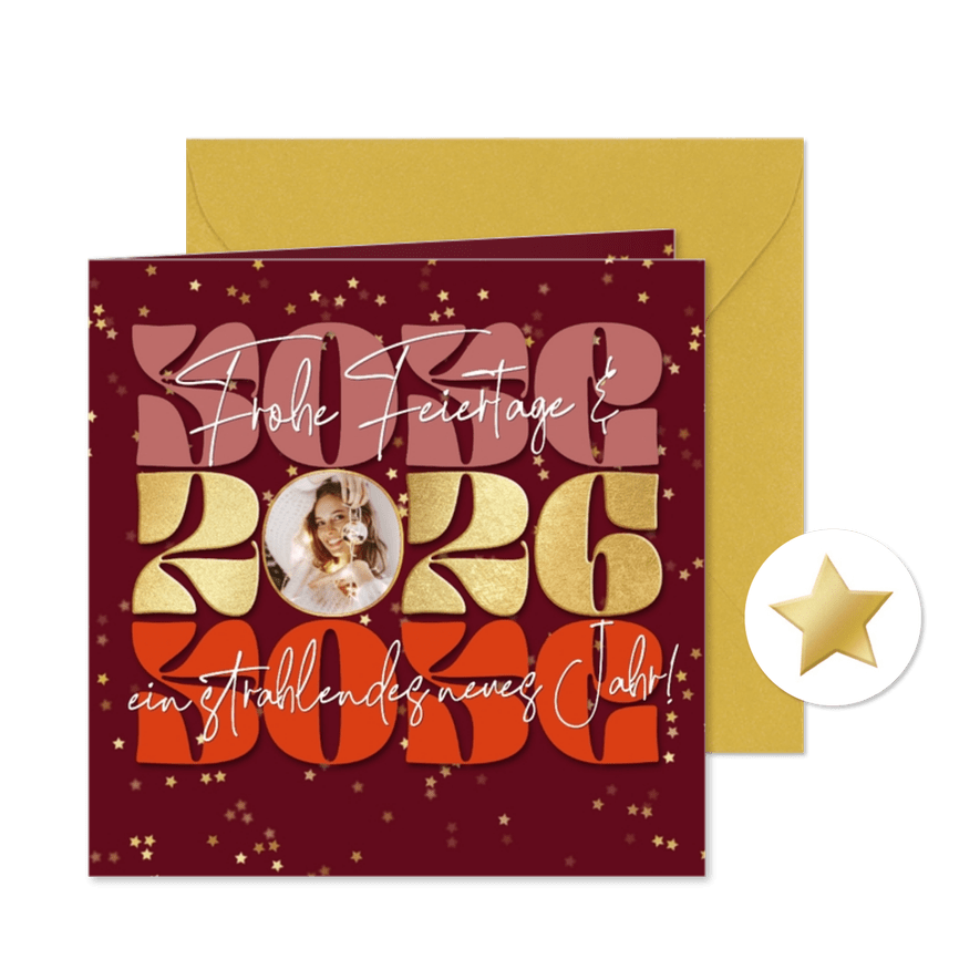 Foto-Weihnachtskarte 2026 gespiegelt in Rot  - Karteneindruck

