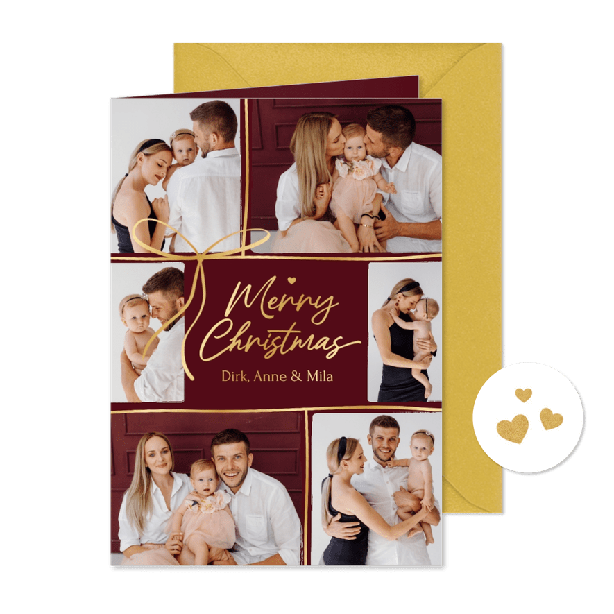 Foto-Weihnachtskarte 6 Fotos dunkelrot Goldschleife - Karteneindruck