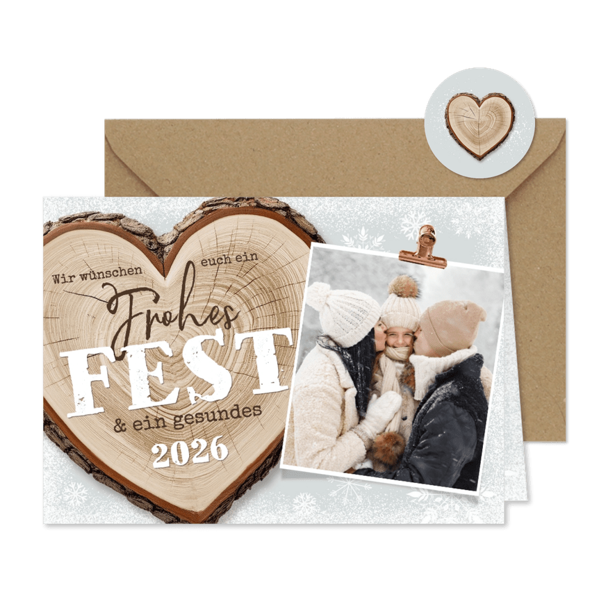 Foto-Weihnachtskarte Baumstamm Herz im Schnee - Karteneindruck