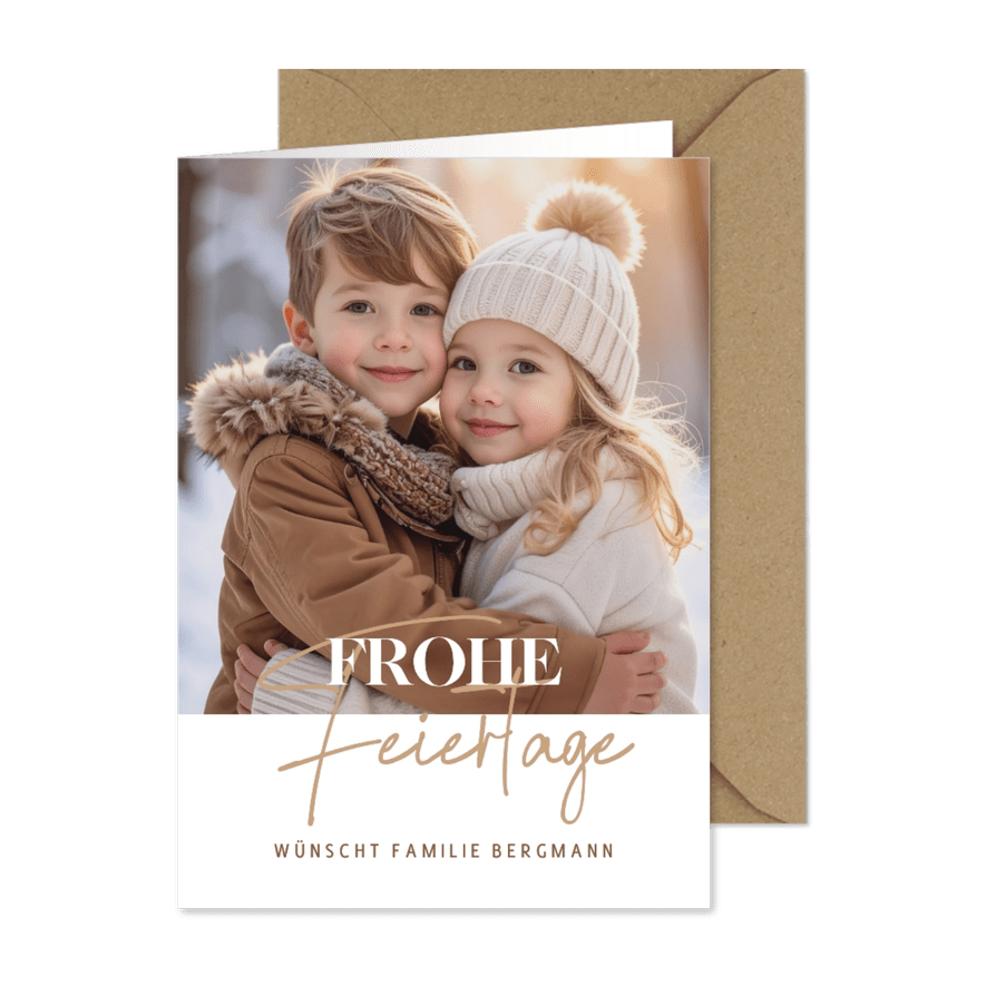 Foto-Weihnachtskarte beige Schriftzug schlicht - Karteneindruck
