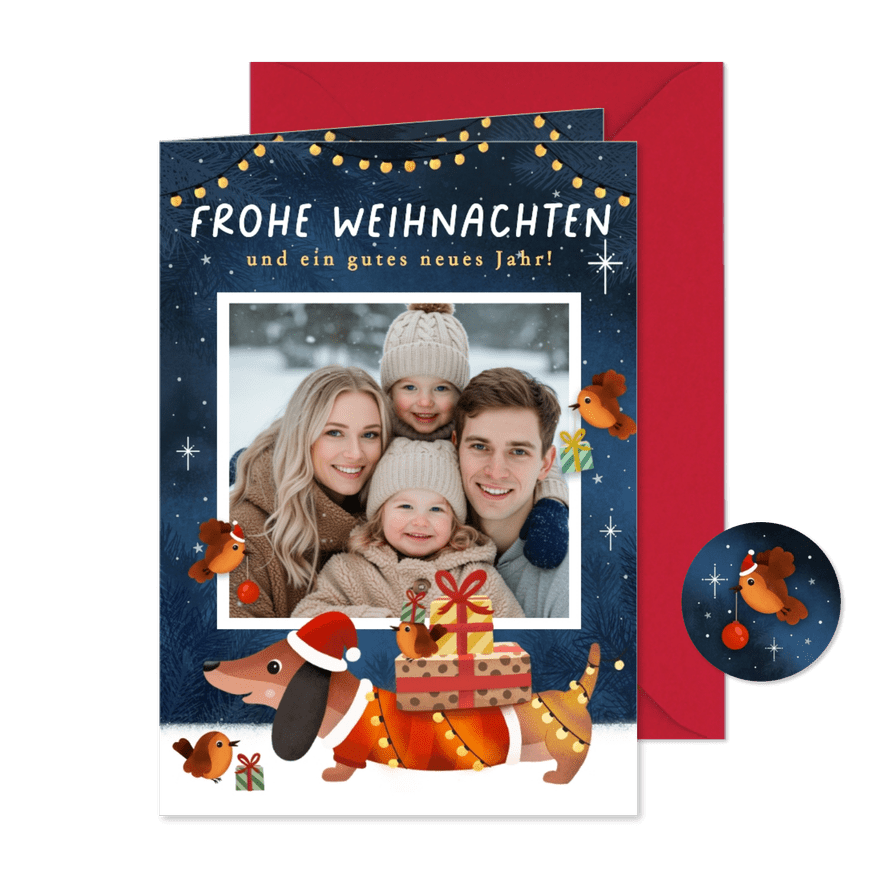 Foto-Weihnachtskarte Dackel Geschenke Lichterkette - Karteneindruck
