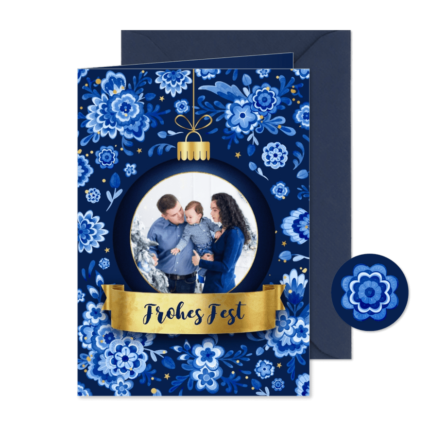 Foto-Weihnachtskarte Delfter Blau Blumen Weihnachtskugel - Karteneindruck