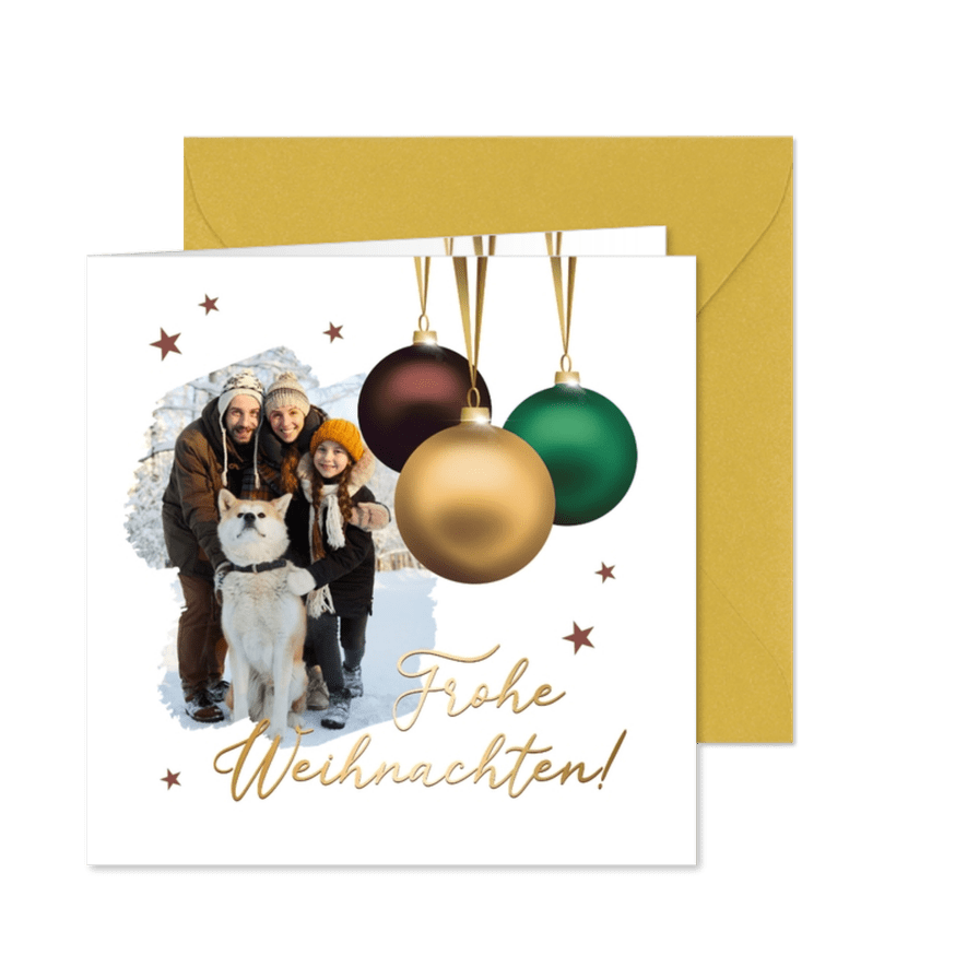 Foto-Weihnachtskarte drei Weihnachtskugeln - Karteneindruck