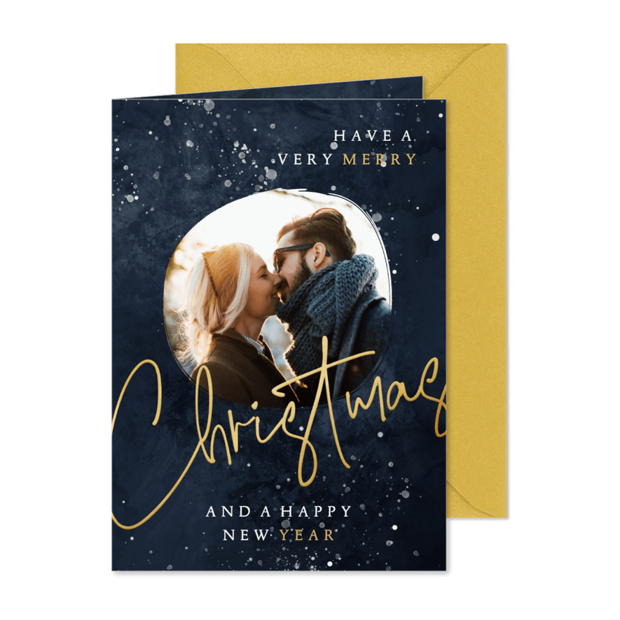 Foto-Weihnachtskarte dunkelblau 'Christmas' Goldlook - Karteneindruck