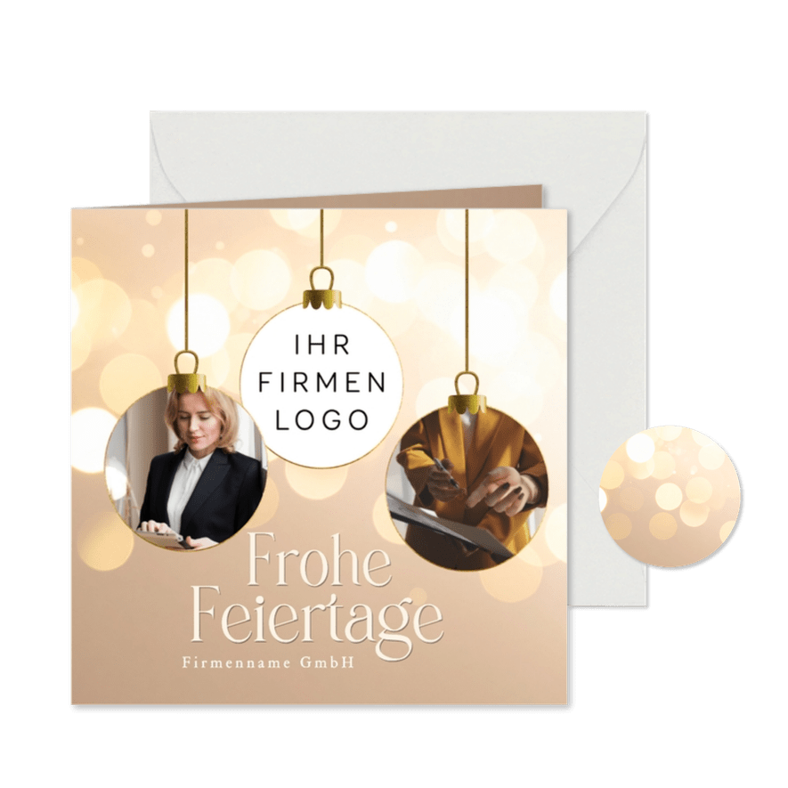 Foto-Weihnachtskarte Firmenlogo Lichtpunkte beige - Kartenvorschau
