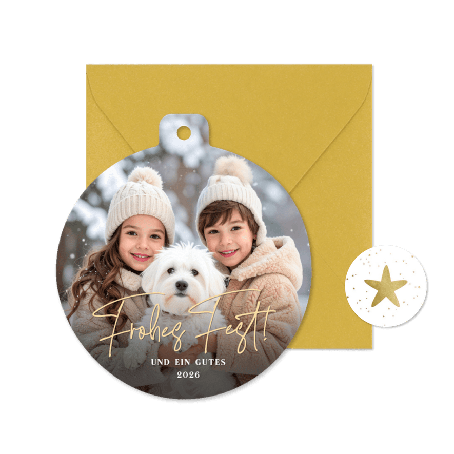 Foto-Weihnachtskarte 'Frohes Fest' Kugelform - Karteneindruck

