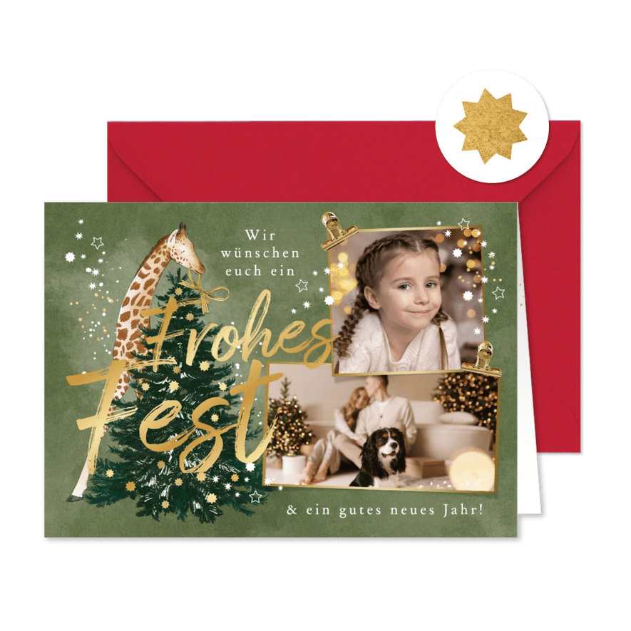 Foto-Weihnachtskarte Giraffe am Tannenbaum - Karteneindruck