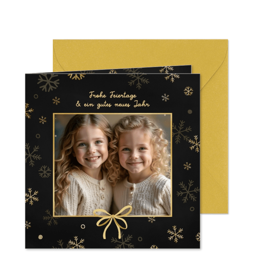 Foto-Weihnachtskarte goldene Schneeflocken Schleife - Kartenvorschau