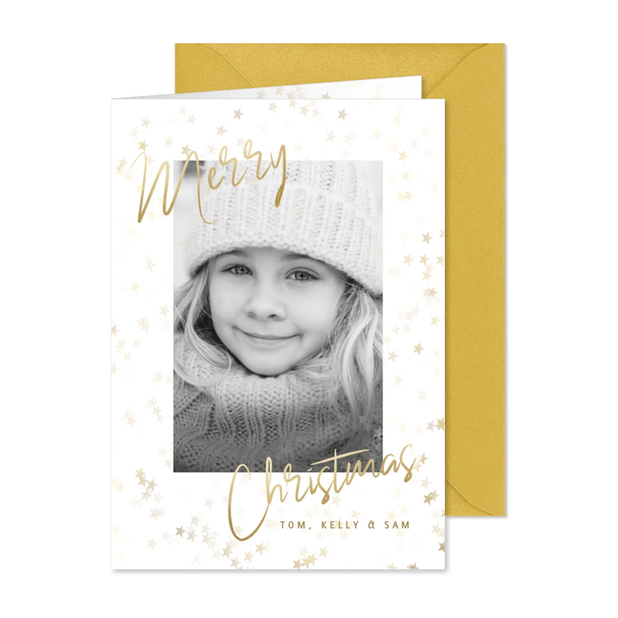 Foto-Weihnachtskarte goldene Sterne Merry Christmas - Karteneindruck