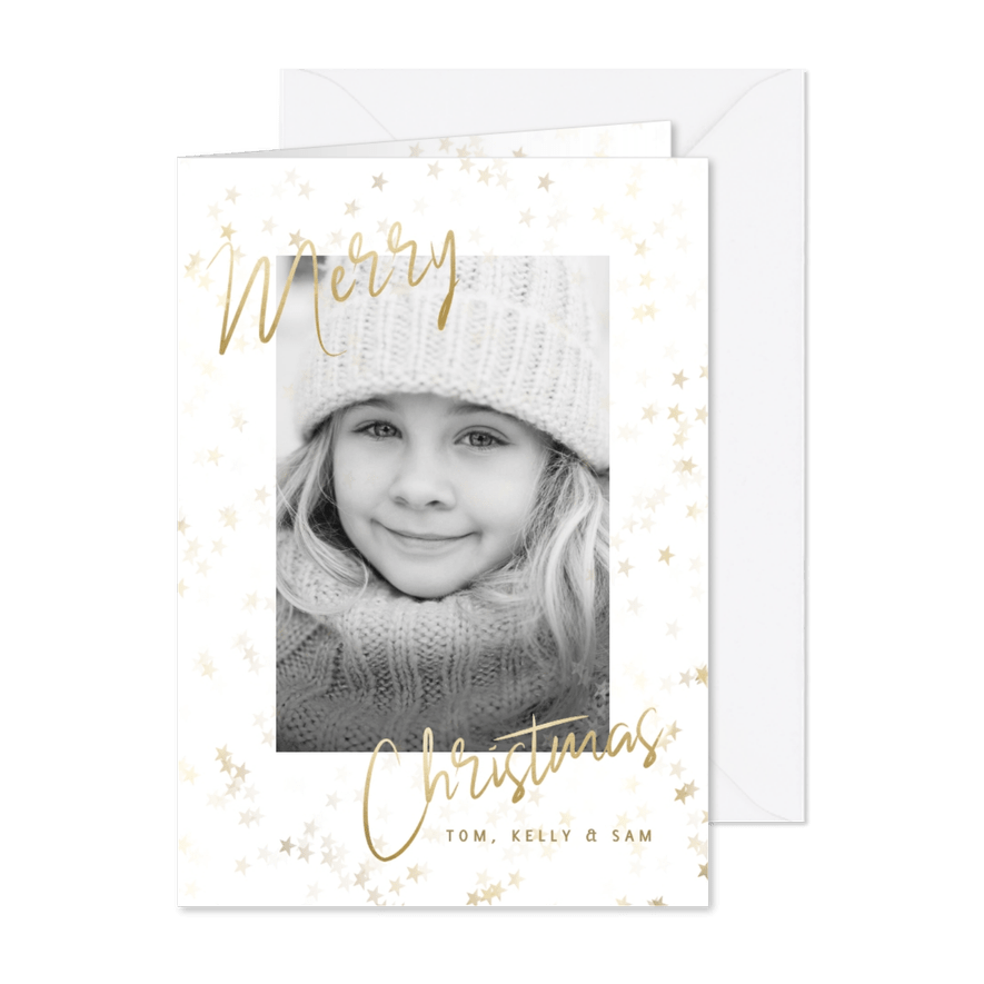 Foto-Weihnachtskarte goldene Sterne Merry Christmas - Karteneindruck