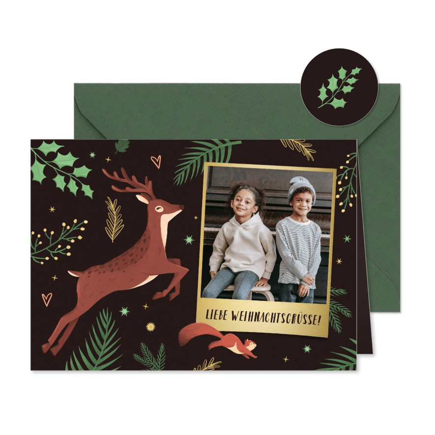 Foto Weihnachtskarte Hirsch & Eichhörnchen - Karteneindruck
