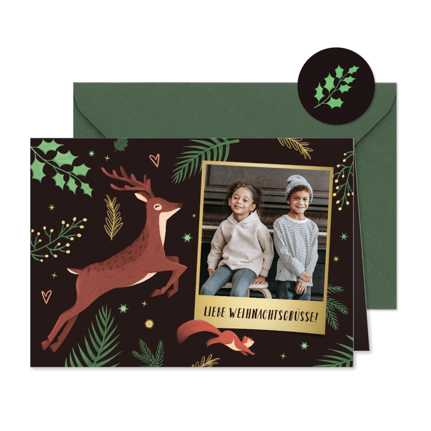 Foto Weihnachtskarte Hirsch & Eichhörnchen - Karteneindruck