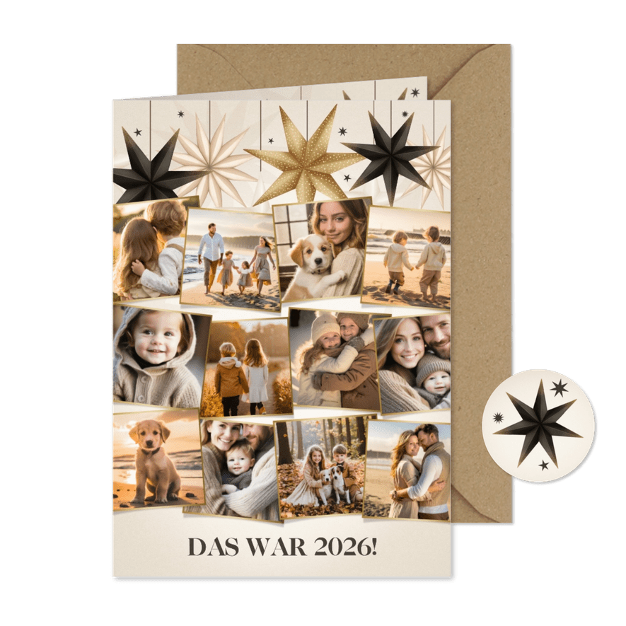 Foto-Weihnachtskarte Jahresüberblick mit Faltsternen - Karteneindruck
